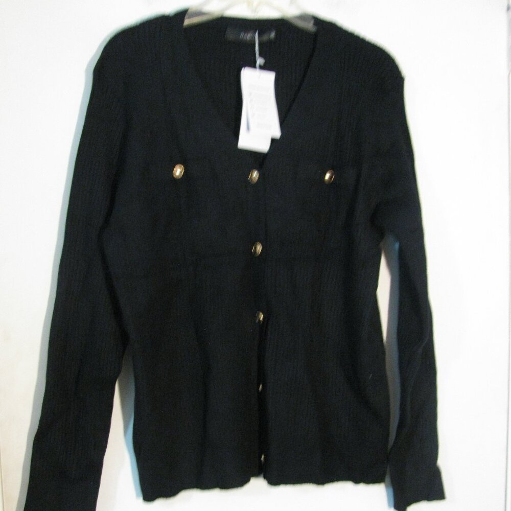 * Black Cardigan Button Up Sweater XL NWT by Haeof Goldtone Buttons Knit